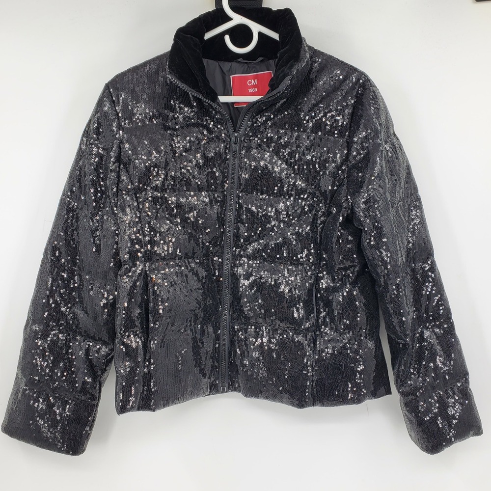 Ciao Milano CM 1969 Black Sequin Puffer Jacket Duck Down Insulated Velvet Trim M